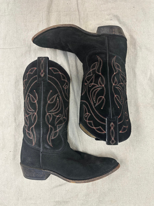 Vintage Suede Black + Red Stitching Cowboy Boots