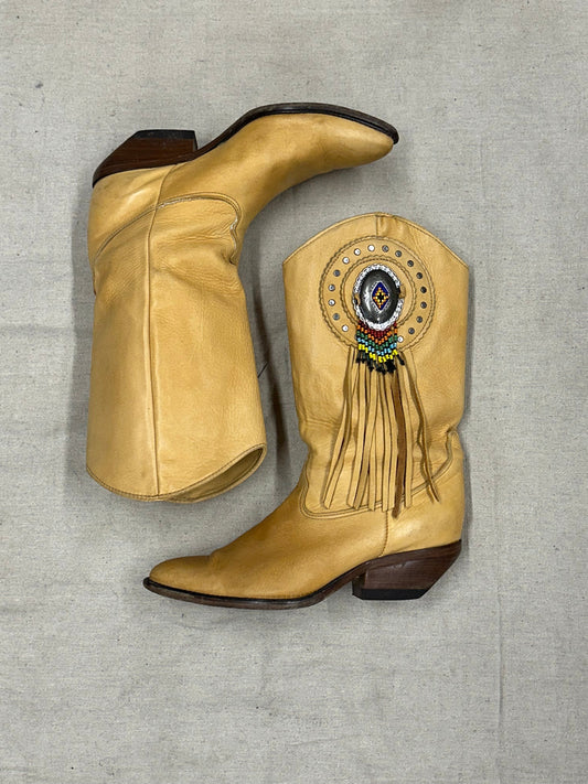 Vintage Tan with Rainbow Beaded Detailing Cowboy Boots