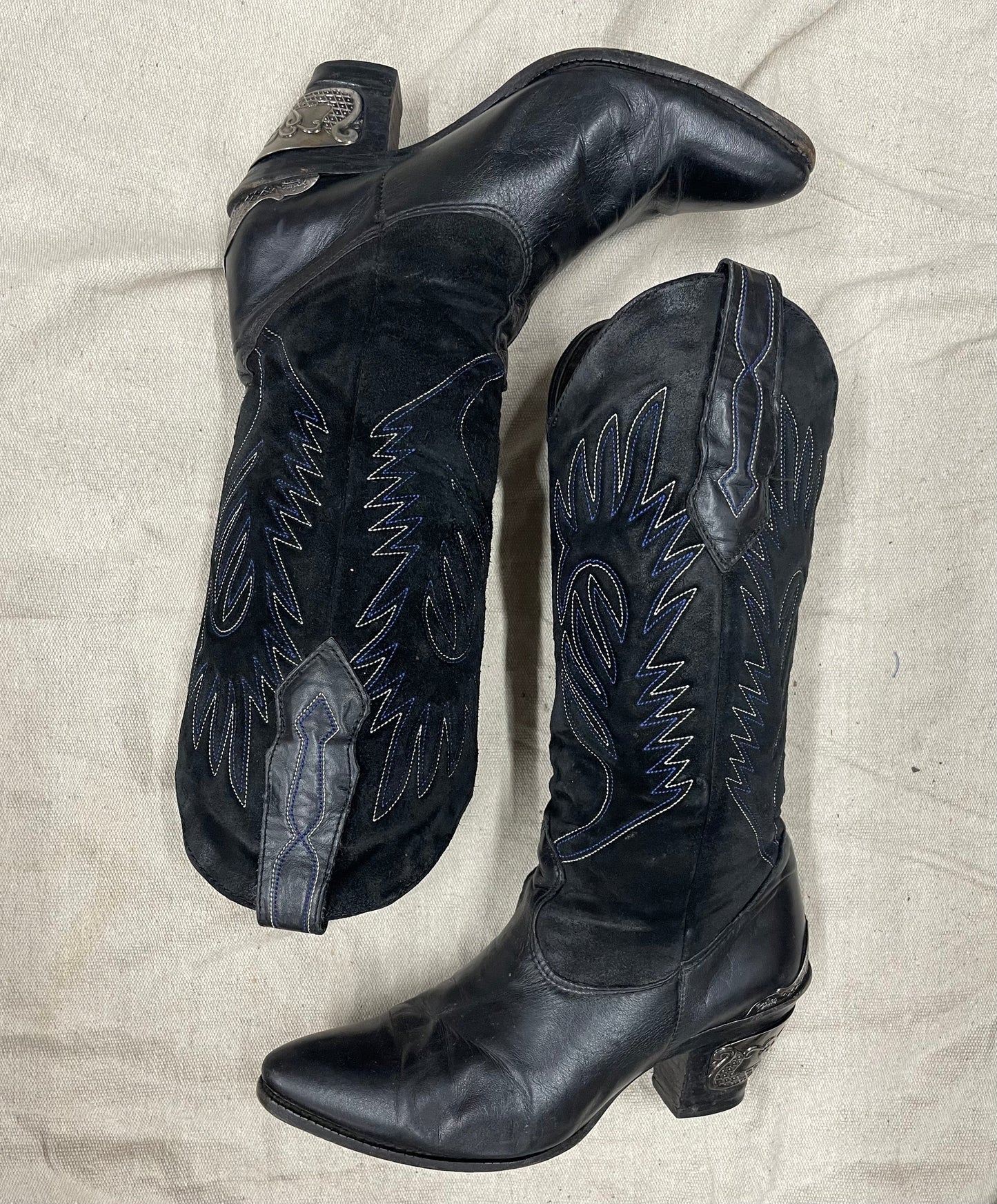 Vintage black with blue and white stitching cowboy boots