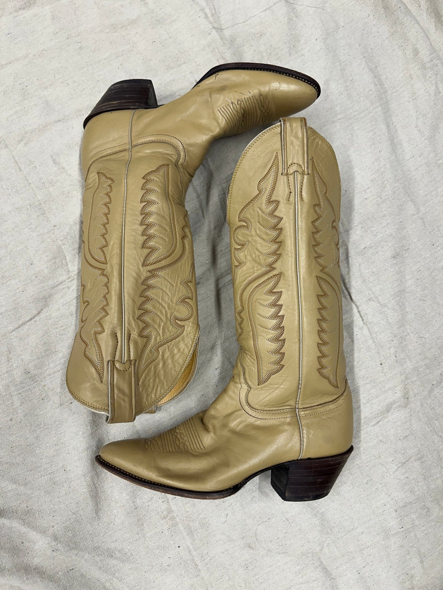 Vintage Beige Stacked Heel Cowboy Boots