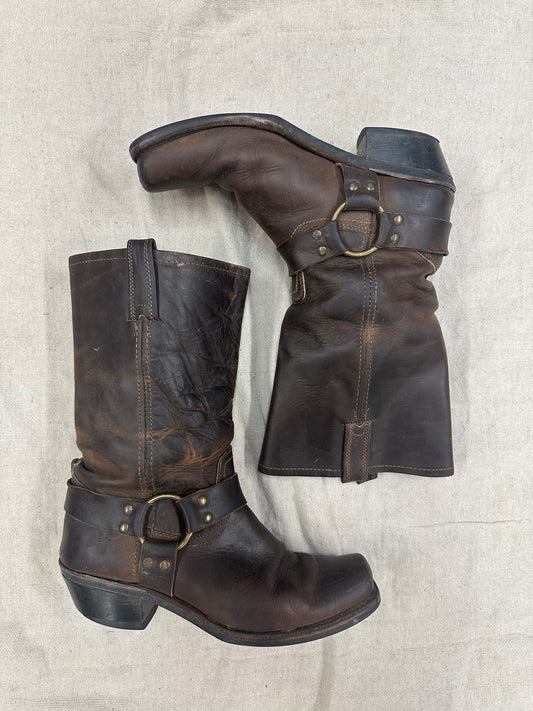 Brown Square Toe Harness Boots