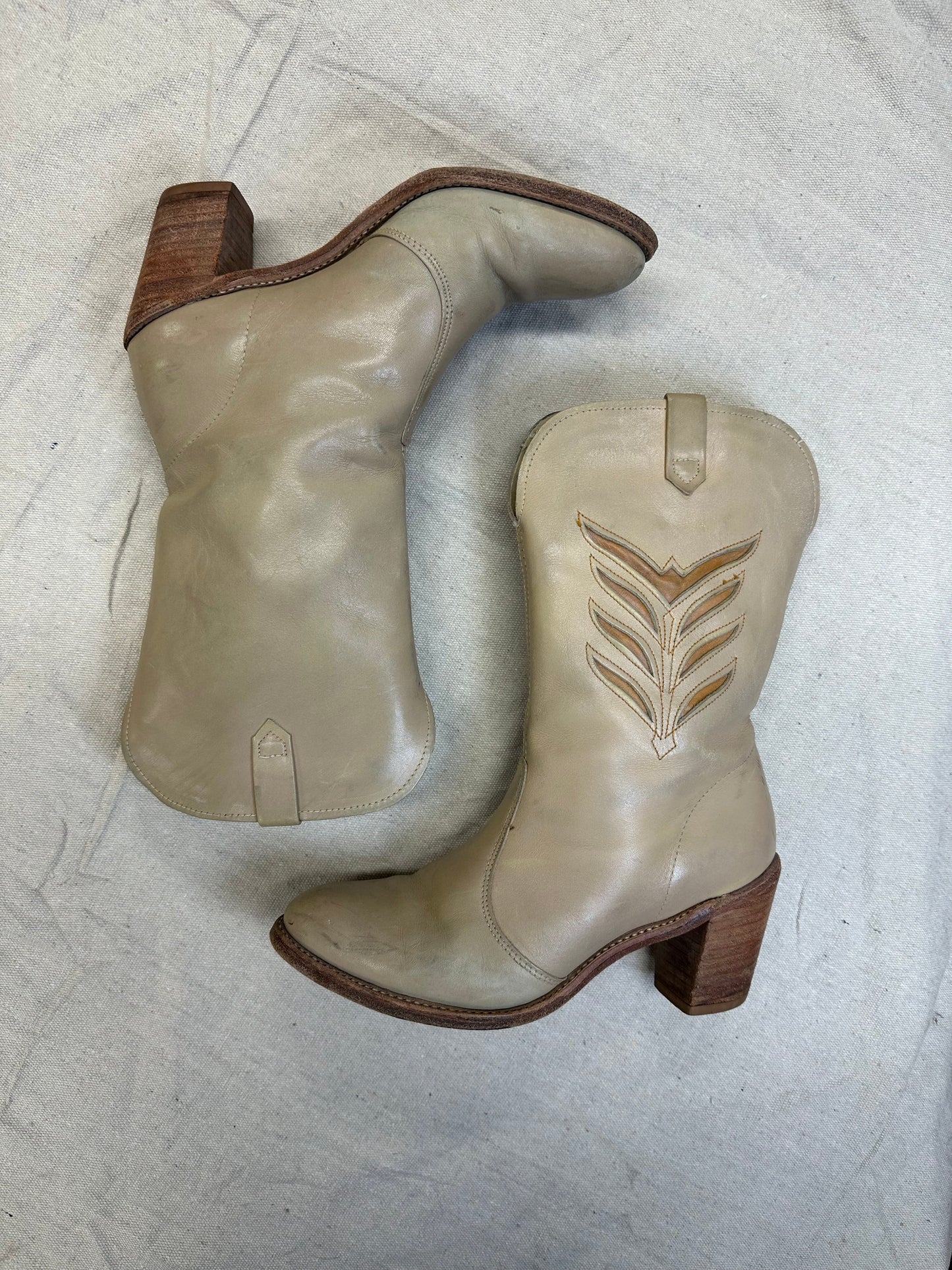 Stacked Heel Cream Ankle Boots