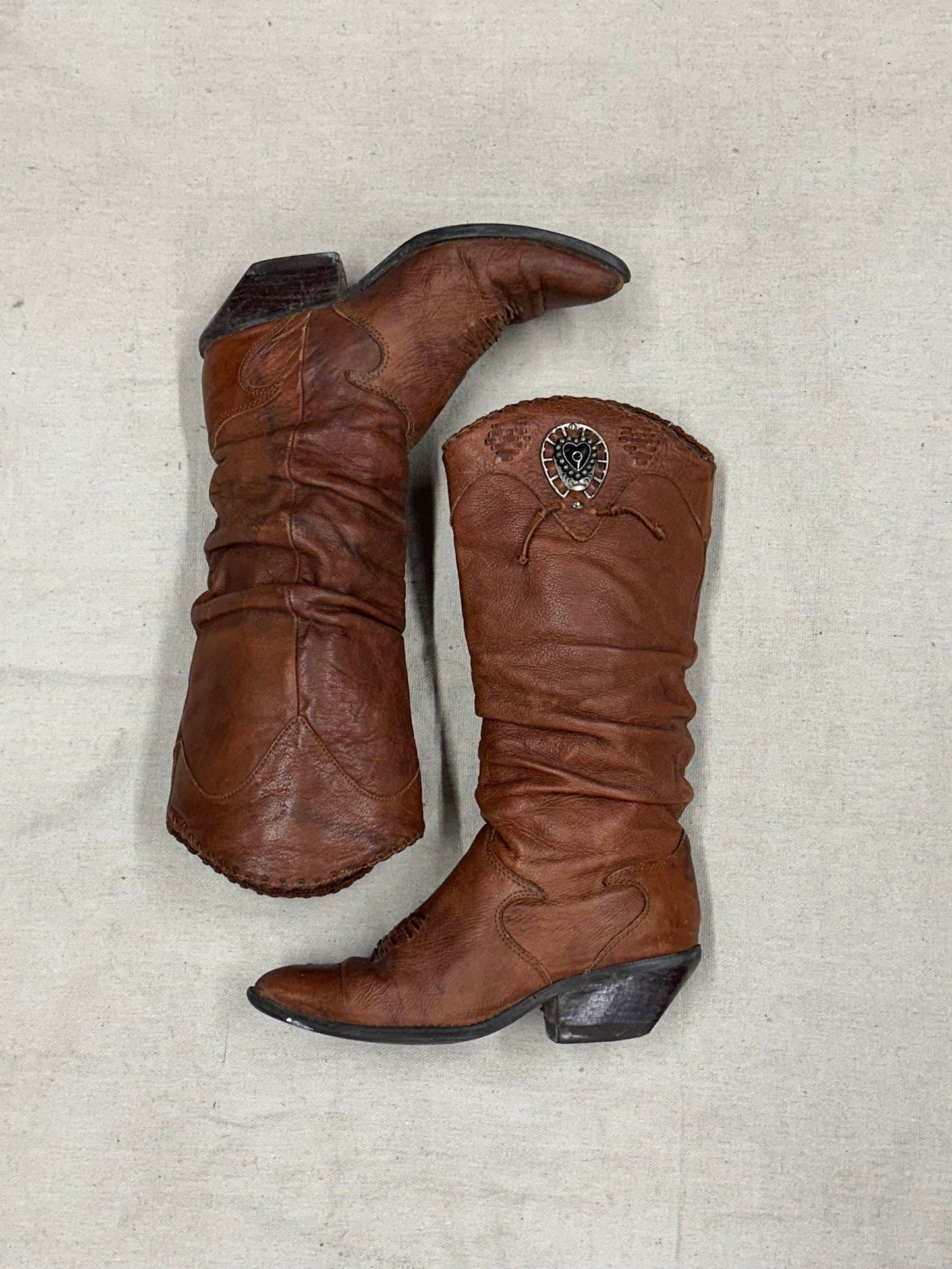 Vintage Brown with Heart Detailing Cowboy Boots