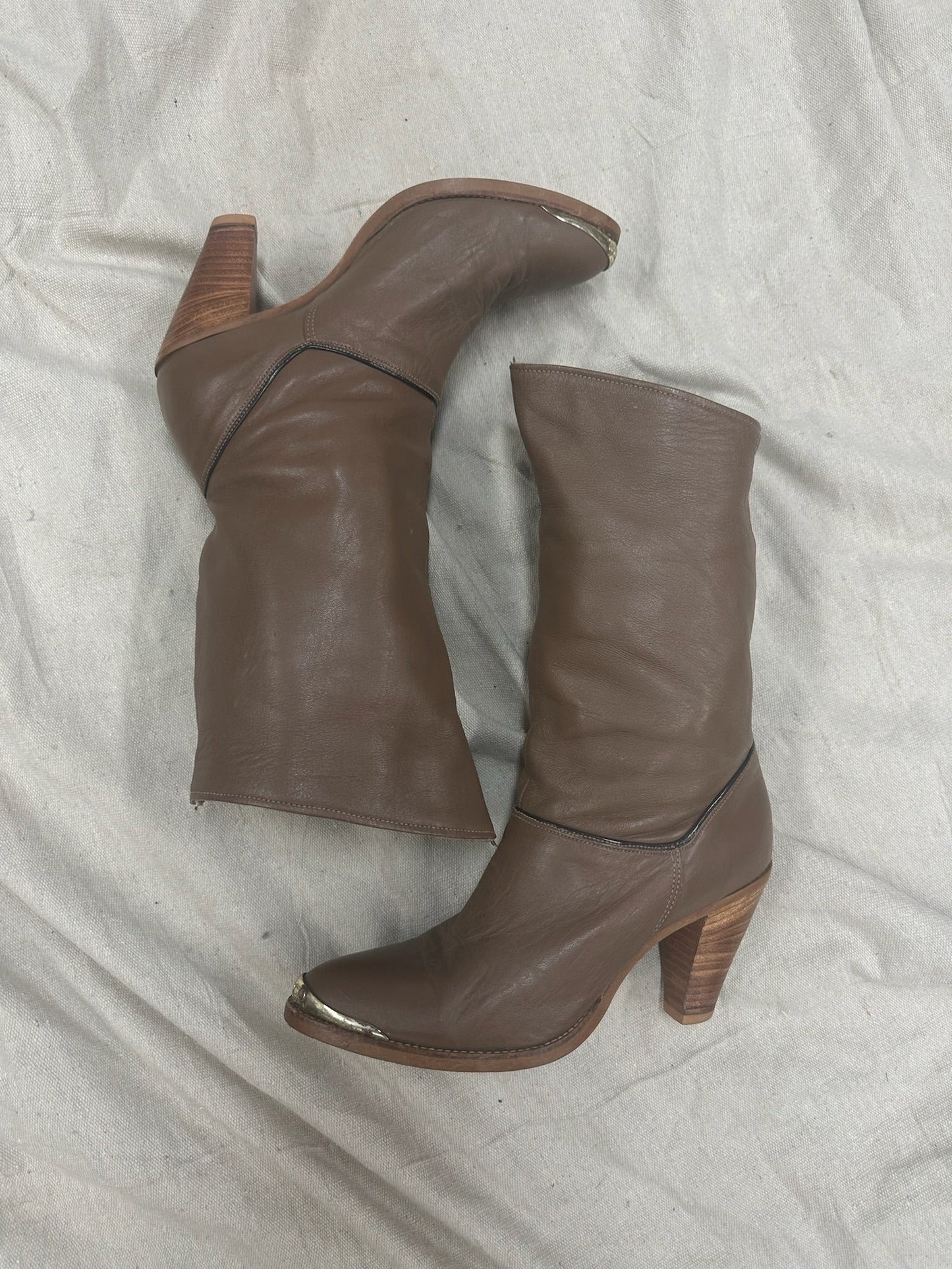 Stacked Heel Brown Leather Cowboy Boots