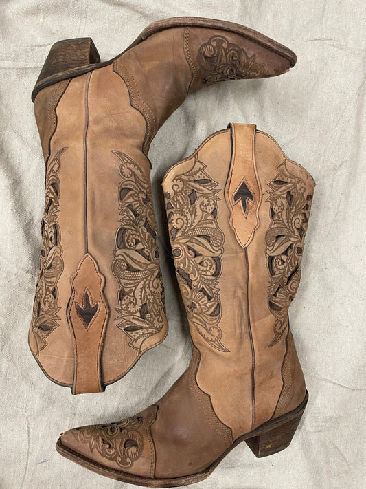 Vintage Brown Floral Tooled Cowboy Boots