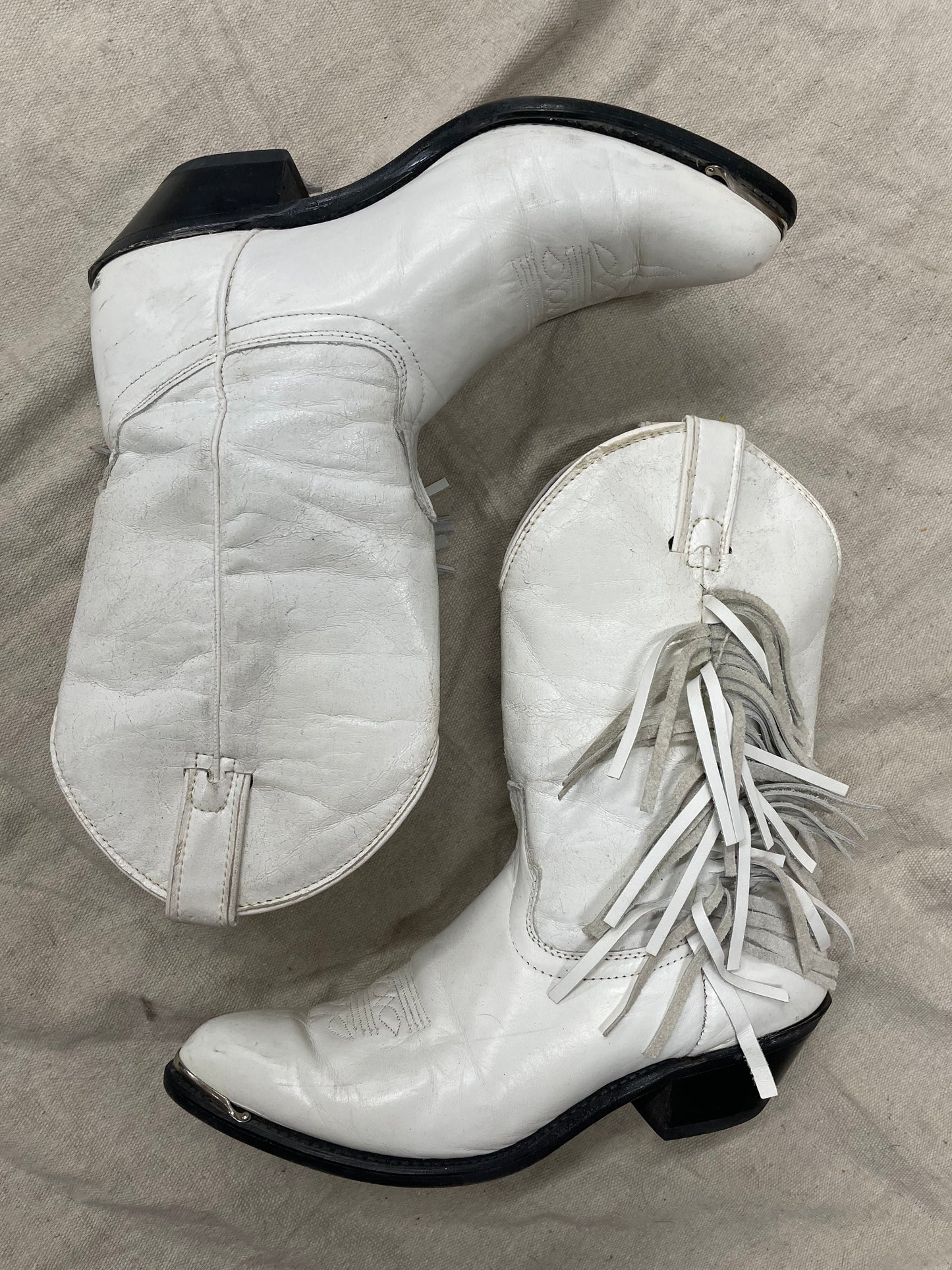 Vintage White Fringe Midi Cowboy Boots